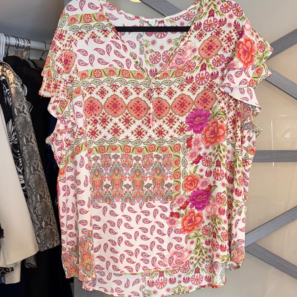 Cynthia Rowley Pink and Green Floral Blouse
